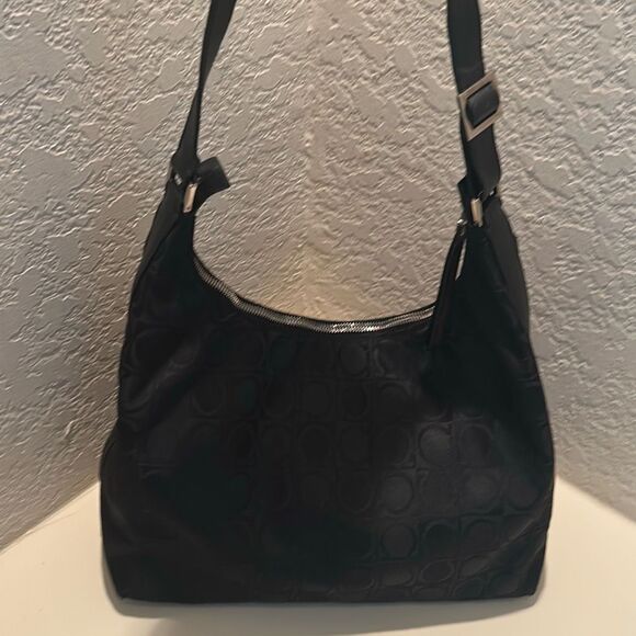 Salvatore Ferragamo Handbags - Salvatore Ferragamo Logo Canvas Shoulder Bag Black Leather Trim Hobo Crescent